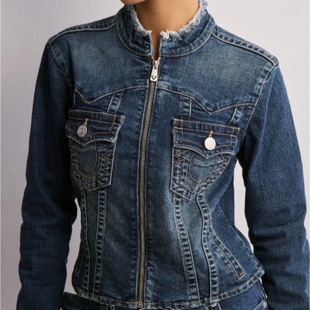 True Religion Y2K  Slim Jimmy Dark Blue Preppy Jean Jacket frayed collarless